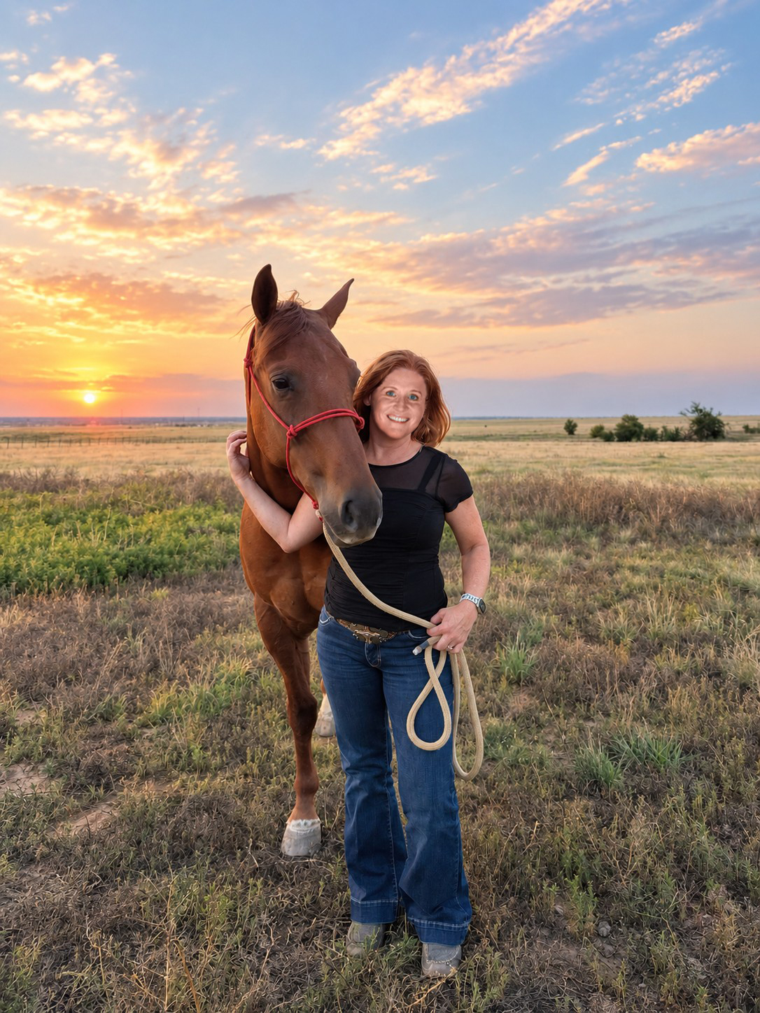 Woman standing beside a brown horse in an open field at sunset while holding the lead rope.
