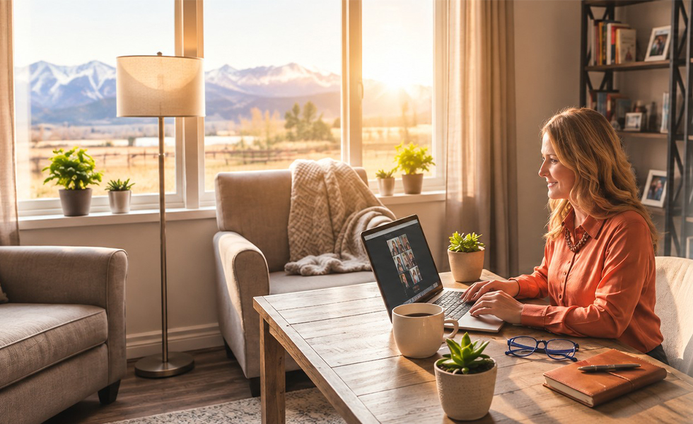 Clinical-Supervision-Header-Mobile Woman participating in a virtual clinical supervision session on a laptop in a warm office setting with mountain views.