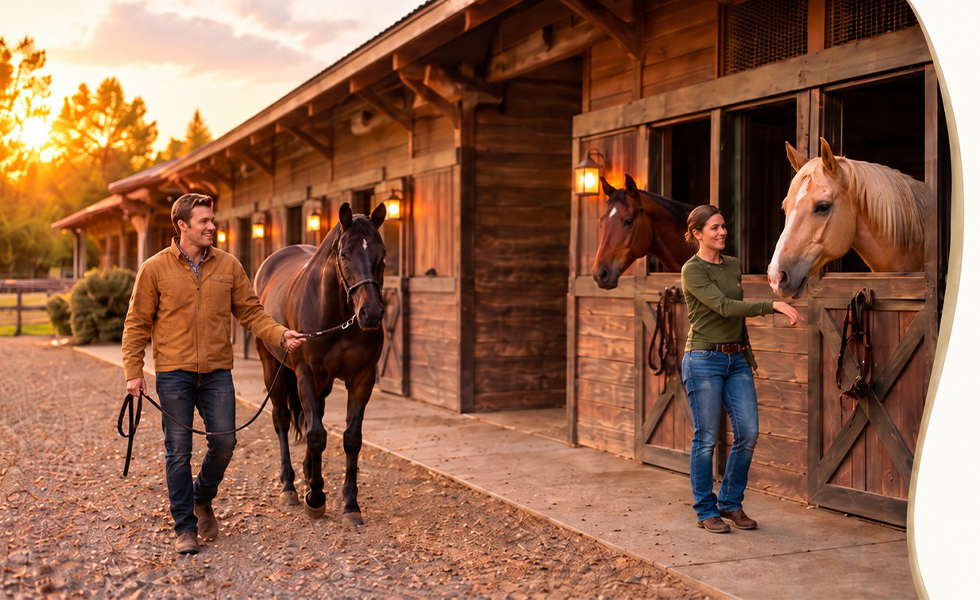 People and horses outside a barn at sunset, with open space for the Contact page heading.