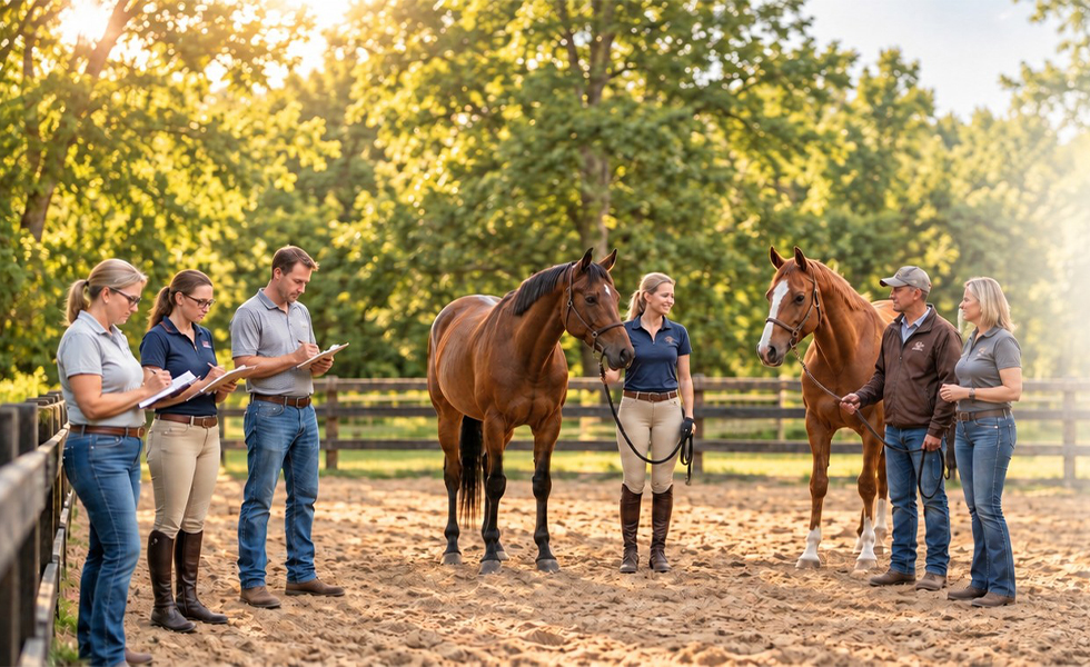 EAS-Consulting-&-Program-Development-Header-Mobile Woman standing calmly beside a brown horse in a sunlit outdoor arena, representing Equine-Assisted Mental Health Therapy.