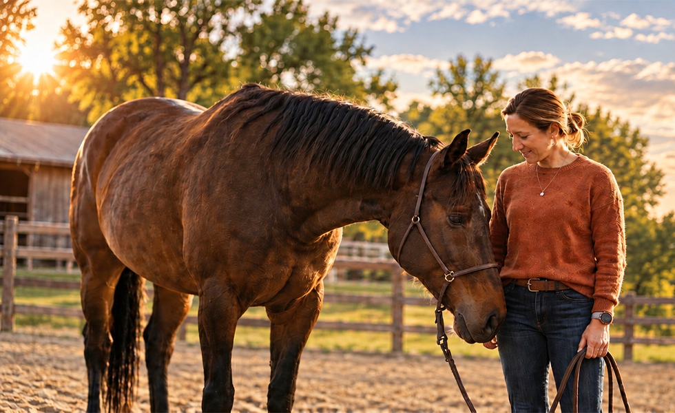 Woman standing calmly beside a brown horse in a sunlit outdoor arena, representing Equine-Assisted Mental Health Therapy.