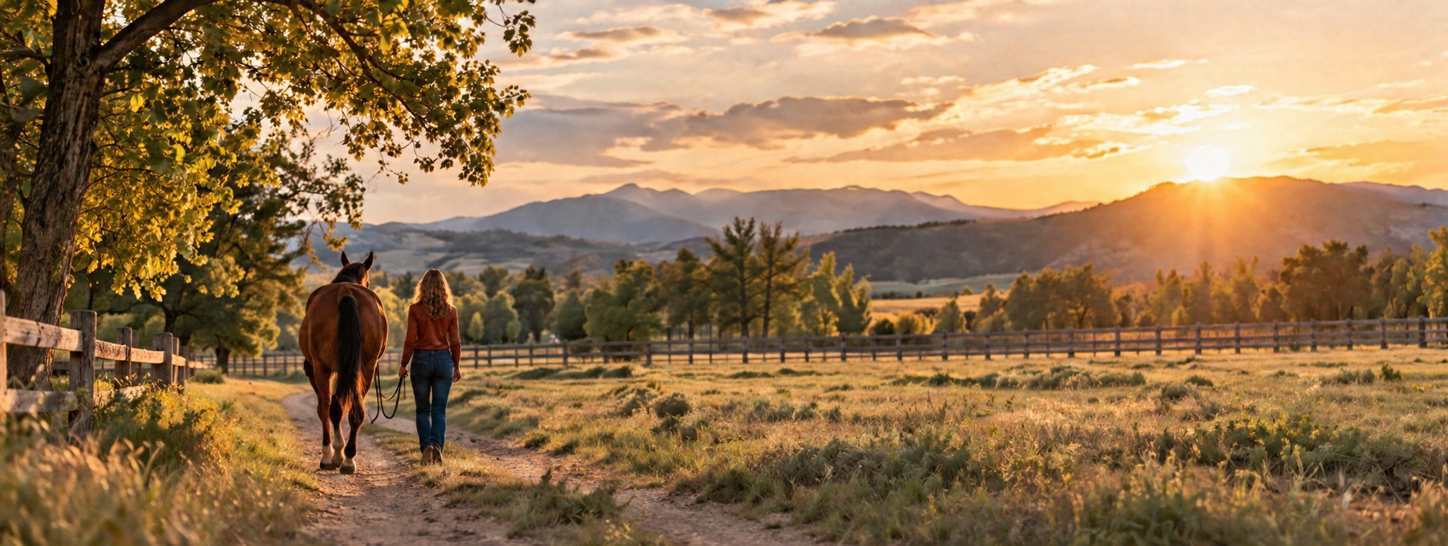 Horse and person walking away together down a quiet path