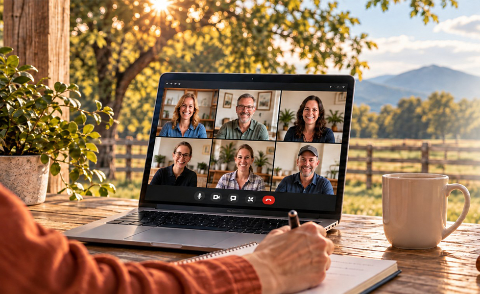 Laptop showing a multi-person Zoom meeting on a desk overlooking an equine facility, with a notebook and coffee mug nearby.