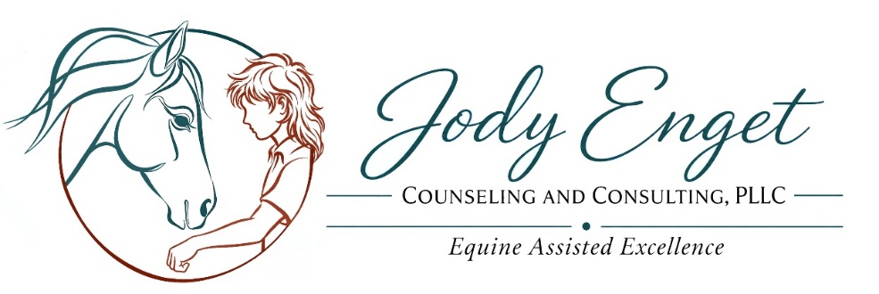 Jody Enget Counseling & Consulting, PLLC logo with line-art profiles of a horse and woman beside the business name and Equine Assisted Excellence tagline.