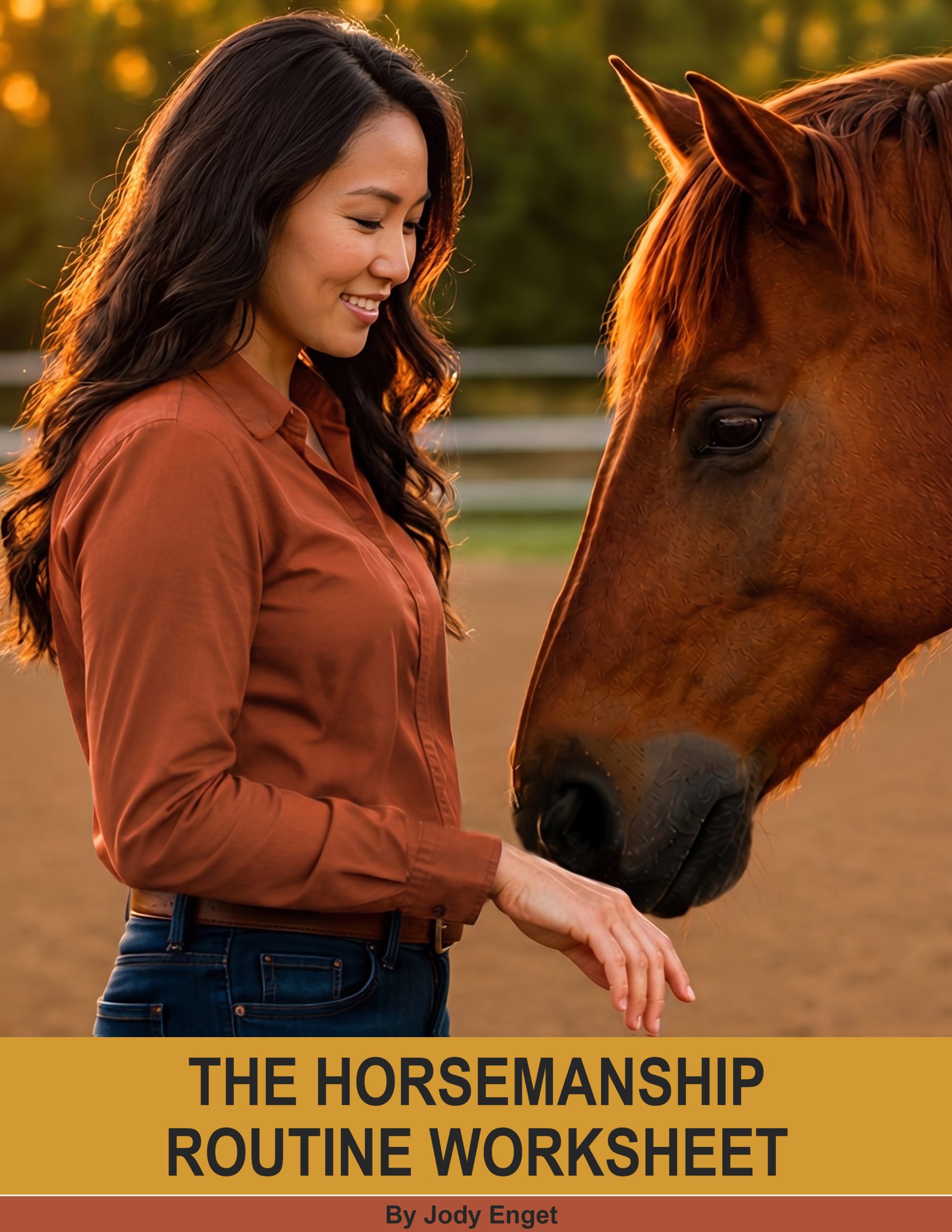Horsemanship Routine Worksheet cover showing a woman standing beside a brown horse at sunset.